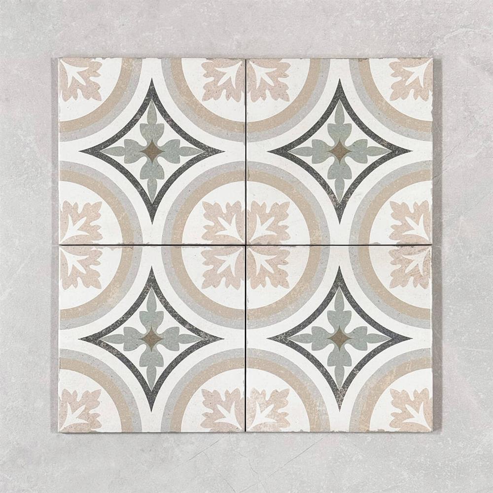 Byblos white patterned victorian tiles on a grey background